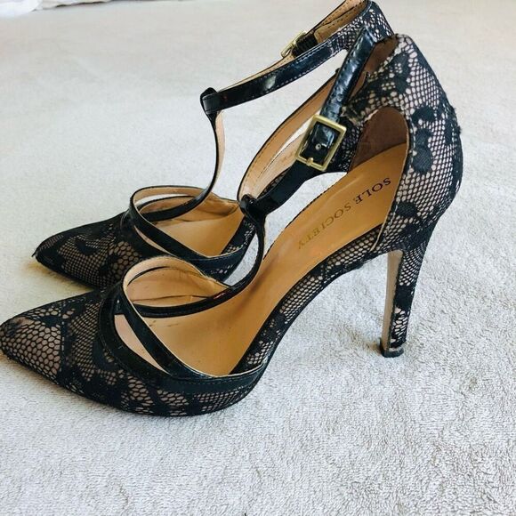 Sole Society Black Lace So Nicola Pointed Toe T-Strap Stiletto Pump - Picture 3 of 16